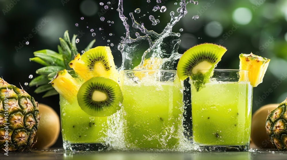 Poster dynamic splash as vibrant kiwi and pineapple slices dive into a chilled glass of juice