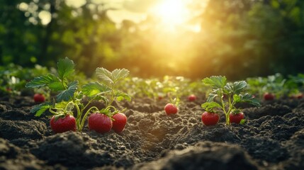 Radiant strawberry patch illuminated by golden sunlight during sunset at ripe fruits organic farm