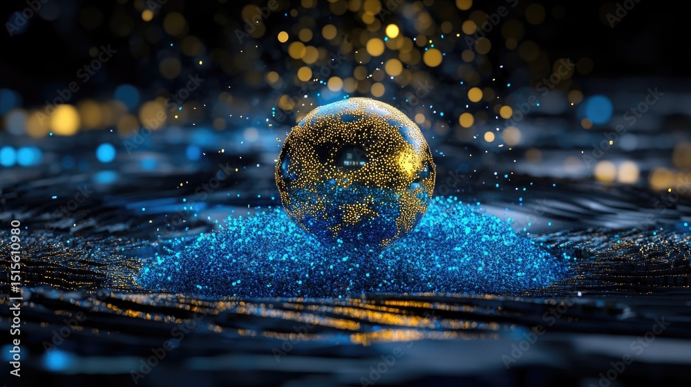 Poster dynamic orb of shimmering gold and blue dots in energy flow on futuristic digital field