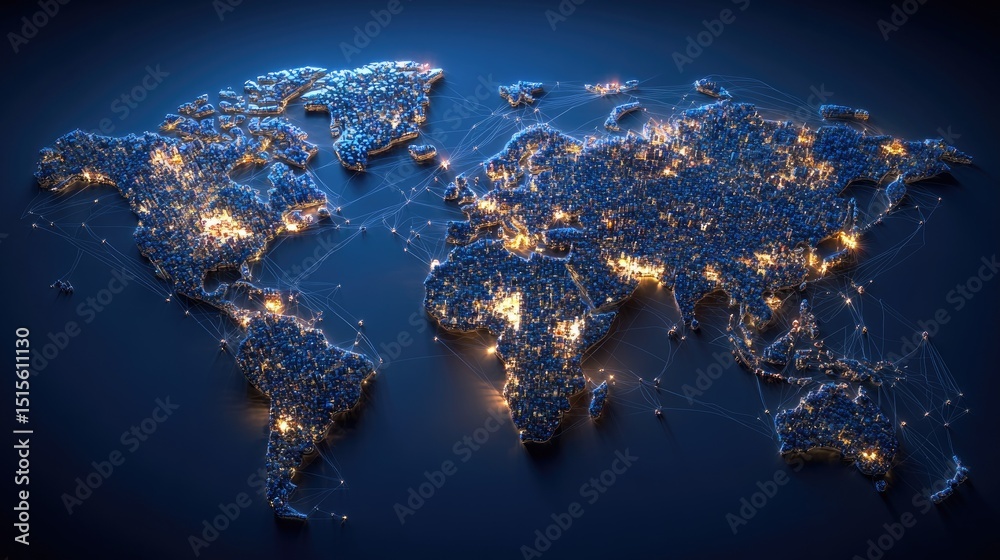 Poster Digital world map with glowing data points and city lights connected by luminous lines
