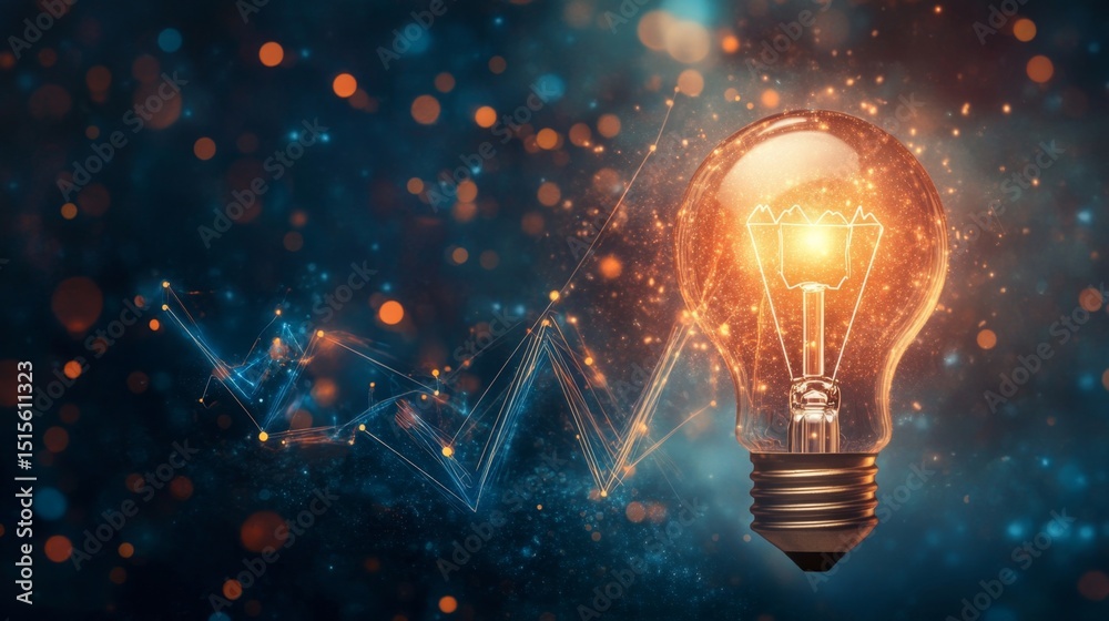 Poster illuminating conceptual visualization of a brightly lit light bulb in a digital environment with abs