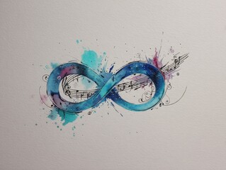 A blue and white watercolor painting of an infinity symbol