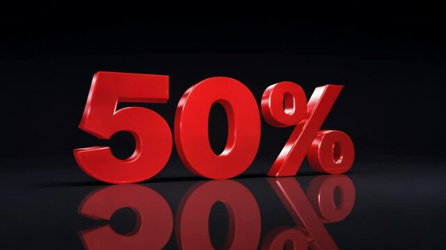3d red 50 percent symbol on reflective surface showing discount or price cut promotion used in ecommerce or shopping visuals