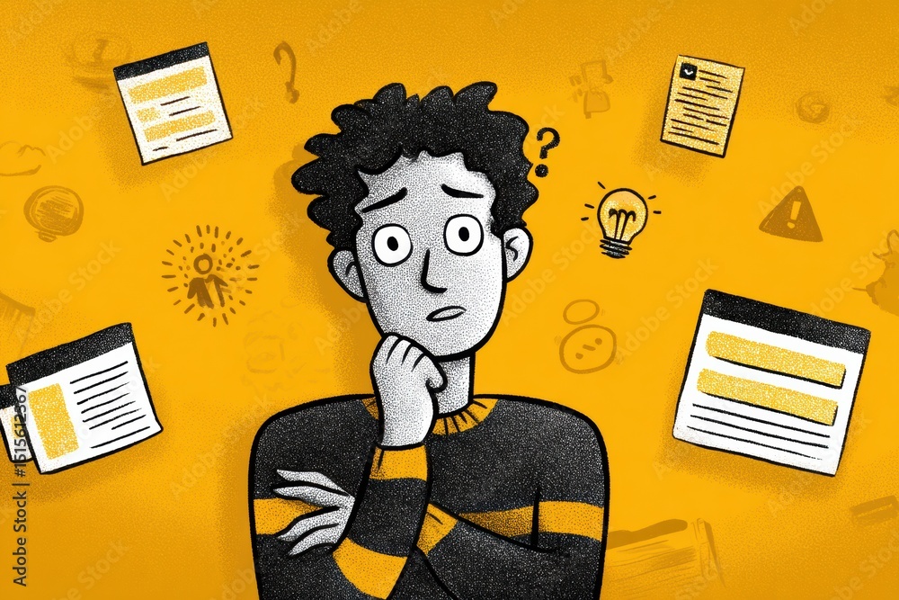 Aufkleber Confused Avatar Surrounded by Multiple Alerts and Notifications in a Bright Yellow Backdrop Creates an Atmosphere of Uncertainty and Overwhelm