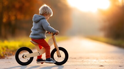 Child riding balance bike on a sunny path