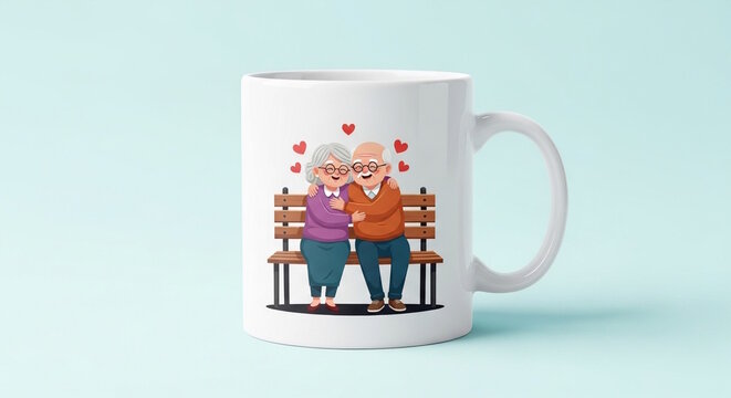 Adorable Elderly Couple on Bench Coffee Mug Design, White Ceramic Coffee Mug with an Adorable Cartoon Elderly Couple Hugging on a Bench and Floating Hearts