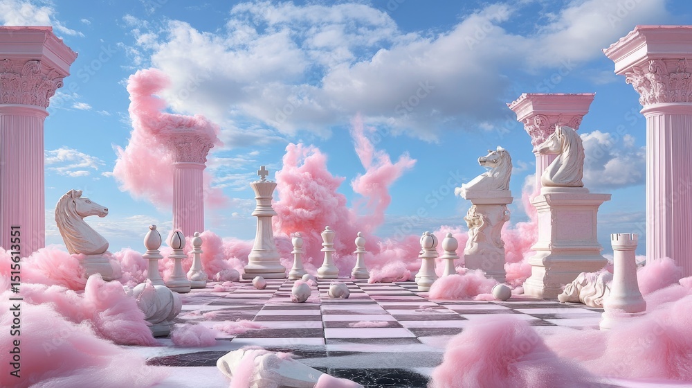 Poster Artistic fusion of classical sculpture and chess game setup in surreal pink setting