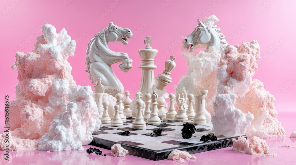 Aufkleber Artistic fusion of classical sculpture and chess game setup in surreal pink setting