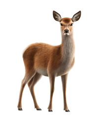 Fototapeta premium A standing deer with brown fur and large ears isolated against a black background looking forward