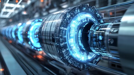 Futuristic industrial machinery with glowing interface.