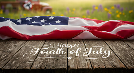 American flag draped on wooden surface with Fourth of July message