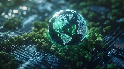 Digital globe resting amongst digital greenery on a circuit board.
