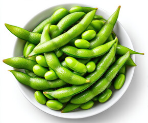Fresh green edamame beans in white bowl, vibrant and healthy snack option