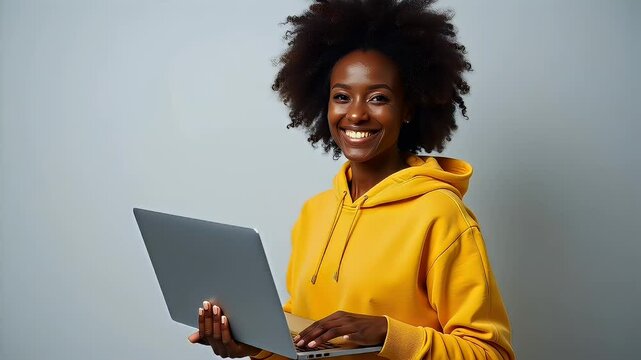 Woman smiles warmly, holding a laptop in a yellow hoodie against a solid backdrop