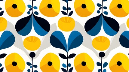 Abstract yellow and blue floral tile pattern