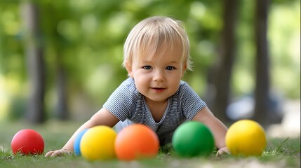 Cheerful child playing with colorful balls in the park