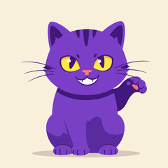 Obraz premium Cartoon Purple Cat Sitting and Waving with Raised Paw