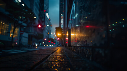 Fototapeta premium Rainy city street at dusk, showcasing reflections on wet pavement and glowing traffic lights, creating moody urban atmosphere
