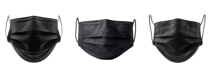 Set of Medical black face mask or surgical black mask isolated on a transparent background