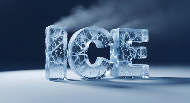 Frozen Word Art: The word 'ICE' sculpted in ice, with frost and condensation visible, creating a cold, wintery atmosphere.