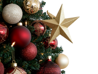 A decorated christmas tree with ornaments and a golden star on transparent background