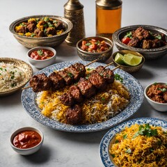 Decorative plates of biryani and kebabs for Eid ul Azha, white background