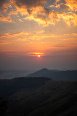 Vertical Beautiful Mountain landscape foggy windy mountain range green landscape asian farm. Vertical Amazing Landscape mountain green field meadow white cloud blue sky sunrise. Countryside scenery