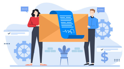 Suitable for business communication, partnership, agreements. Two people hold a large envelope with a document inside, symbolizing collaboration and exchange.