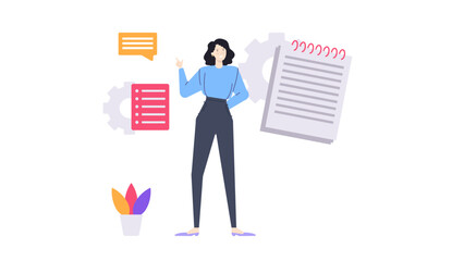 Woman near notepad and plant. Suitable for office, education, business, lifestyle concepts. Perfect for websites, blogs, social media.