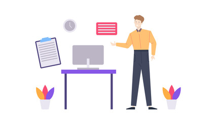 Man in yellow shirt at desk with computer and plants. Suitable for technology, office work, remote work, and modern lifestyle concepts.