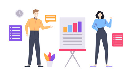 Two people discussing bar chart data, suitable for business presentations, financial reports, teamwork concepts, collaboration, statistics, and marketing strategies.