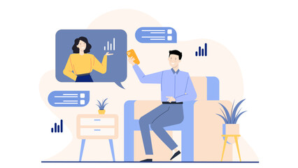 Man and woman video call. Communication, technology, work from home, remote collaboration, online meeting, virtual conference, modern business concept.