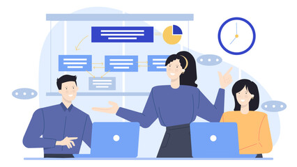 Team meeting with a presentation and laptops suitable for business presentations, teamwork, collaboration, corporate meetings, office discussions, and project planning.