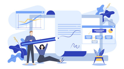 Two people holding a large pencil with a blue and white design. Suitable for education, teamwork, creativity, art themed projects.