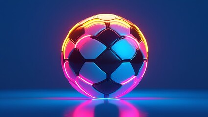 Fototapeta premium Neon Glowing Soccer Ball on Blue Background