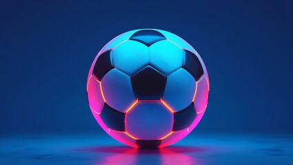 Fototapeta premium Abstract glowing neon colored soccer ball over blue background