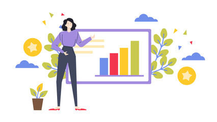 Woman presenting bar chart data suitable for business presentations, financial reports, marketing strategies, growth analytics, performance reviews, infographic designs.