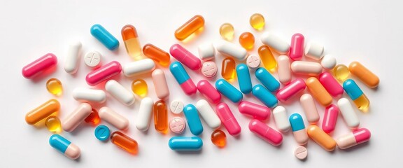 Assortment of colorful headache relief pills on white,  healthcare,  texture
