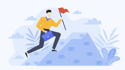 Obraz premium Man climbs a mountain with a red flag and a briefcase, suitable for business success, determination, leadership, overcoming challenges concepts.