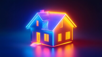 Neon glowing house model on a dark background.