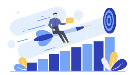 Man riding dart on target over blue bars. Suitable for business success concepts, aiming for goals, reaching targets in marketing.