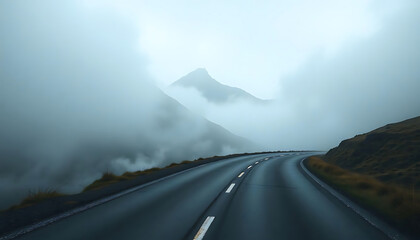 foggy road with a mountain in the distance