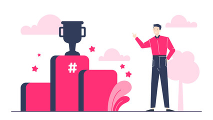 Smiling man by a trophy on a pink podium. Suitable for success, victory, achievement, leadership, and winning concept designs.