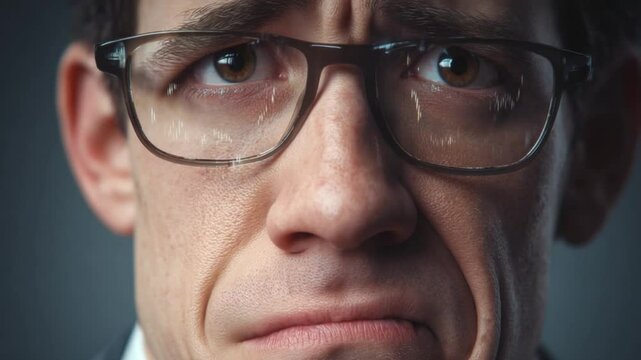 Intense Focus: A close-up shot capturing a man's intense concentration and thoughtful expression, accentuated by his eyeglasses. His focused gaze reflects deep consideration. 