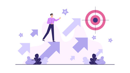 Man moving on purple arrows, heading towards the target; perfect for business, success, determination, direction, strategy, motivation concepts.