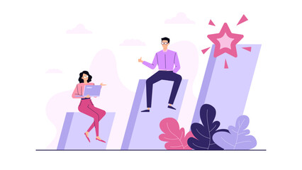 teamwork success reach the target illustration, man and woman sot on chart illustration