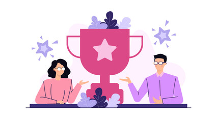 Two people admiring a star trophy for victory. Suitable for celebrating achievements, teamwork recognition, sports competition, and success milestones.