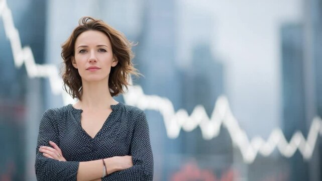 Resilient Confidence: A determined woman, arms crossed, stands resolute against a backdrop of a market downturn graph, a powerful statement of business acumen and determination.