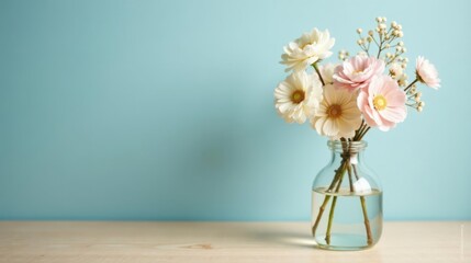Pastel Blooms in a Glass Vase on a Light Wooden Surface Against a Soft Blue Background