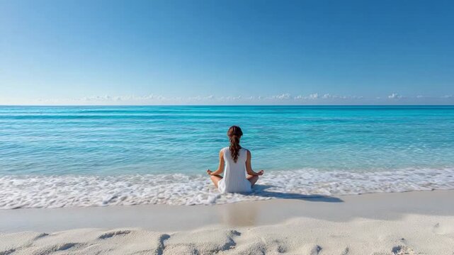 Serene Beach Meditator: A woman meditates peacefully on a sandy beach, the tranquil turquoise water mirroring the clear blue sky, creating a harmonious scene of serenity and self-reflection.